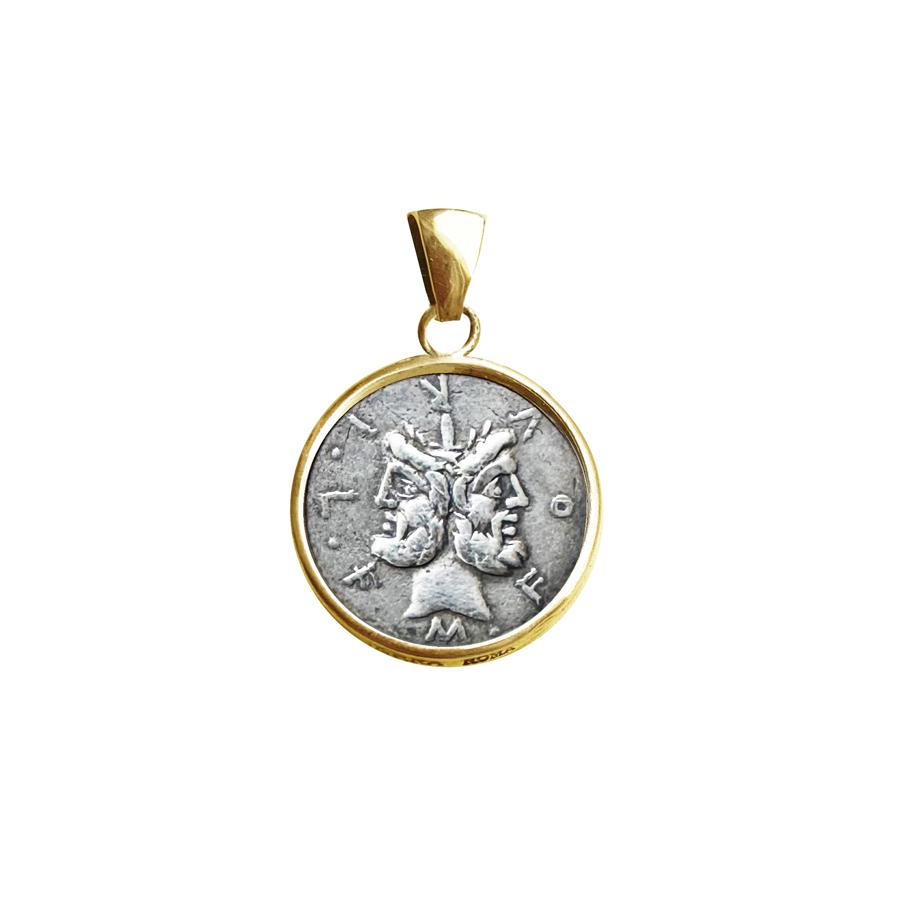 Genuine Ancient Roman Coin 120 BC 18Kt Gold Pendant depicting two-faced God Janus