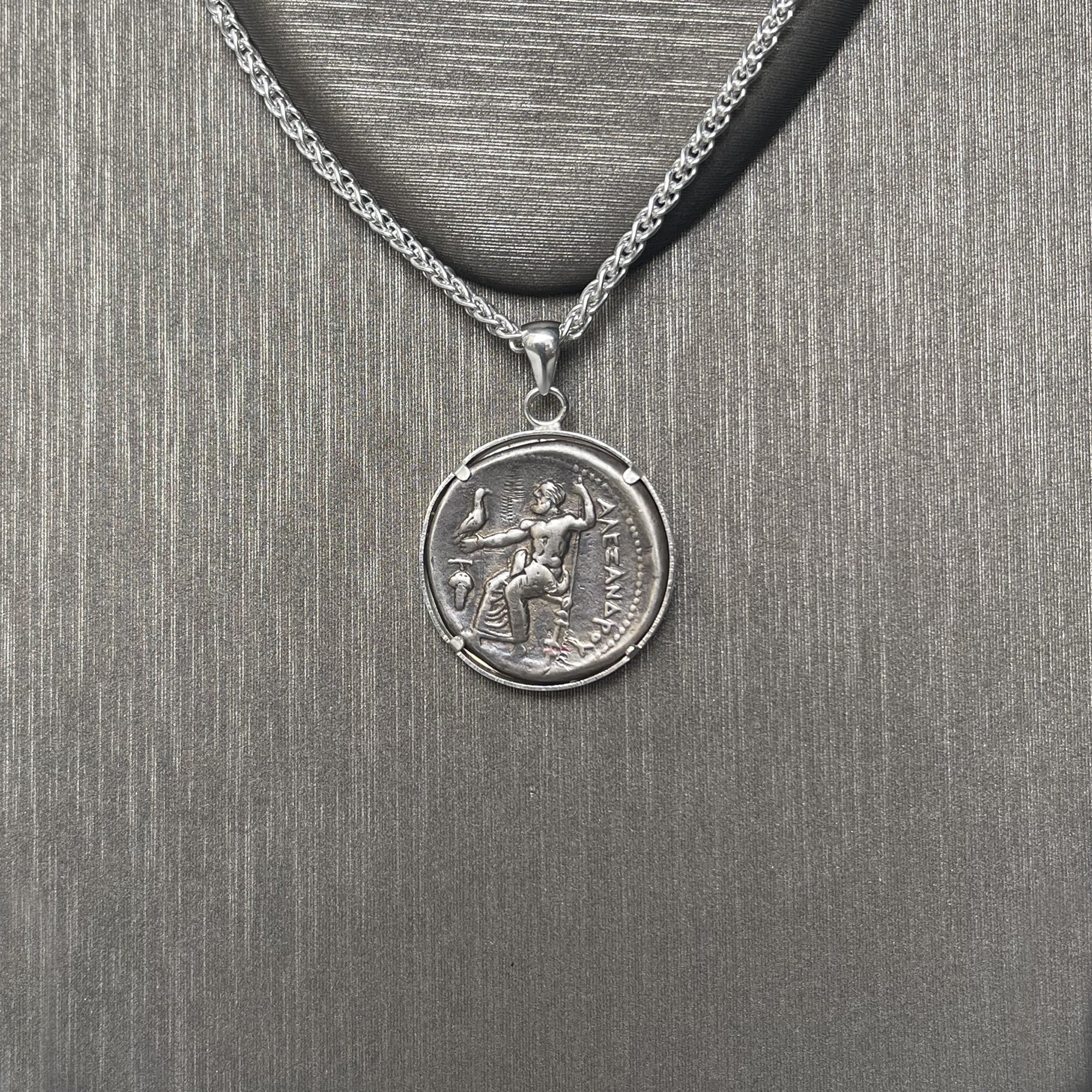 Genuine Ancient Greek Coin 336-323 BC Silver Pendant depicting Heracles with a lion skin (Minted by Alexander the Great)