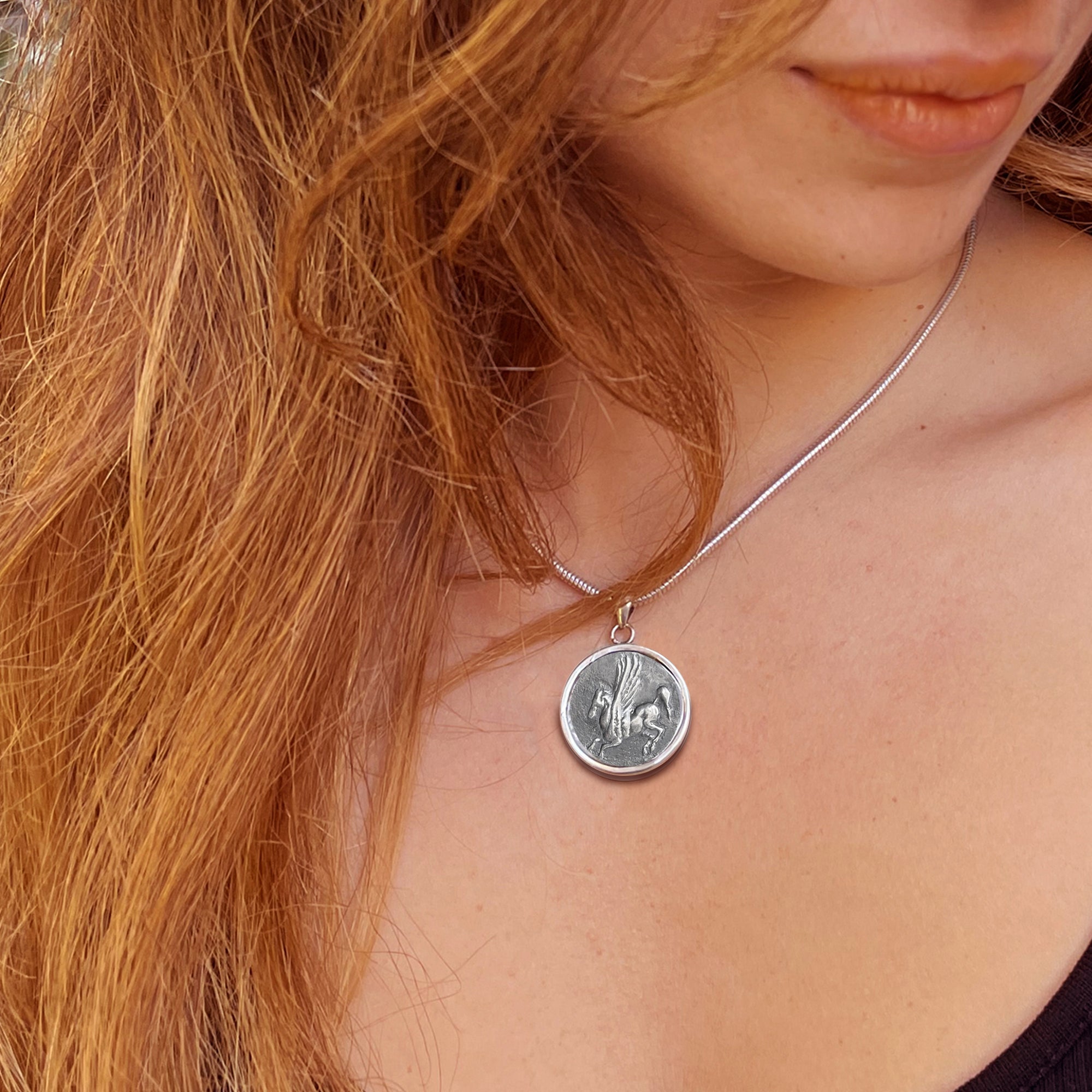 Genuine Ancient Greek Coin 300 BC Silver Pendant depicting Pegasus, the Winged Horse