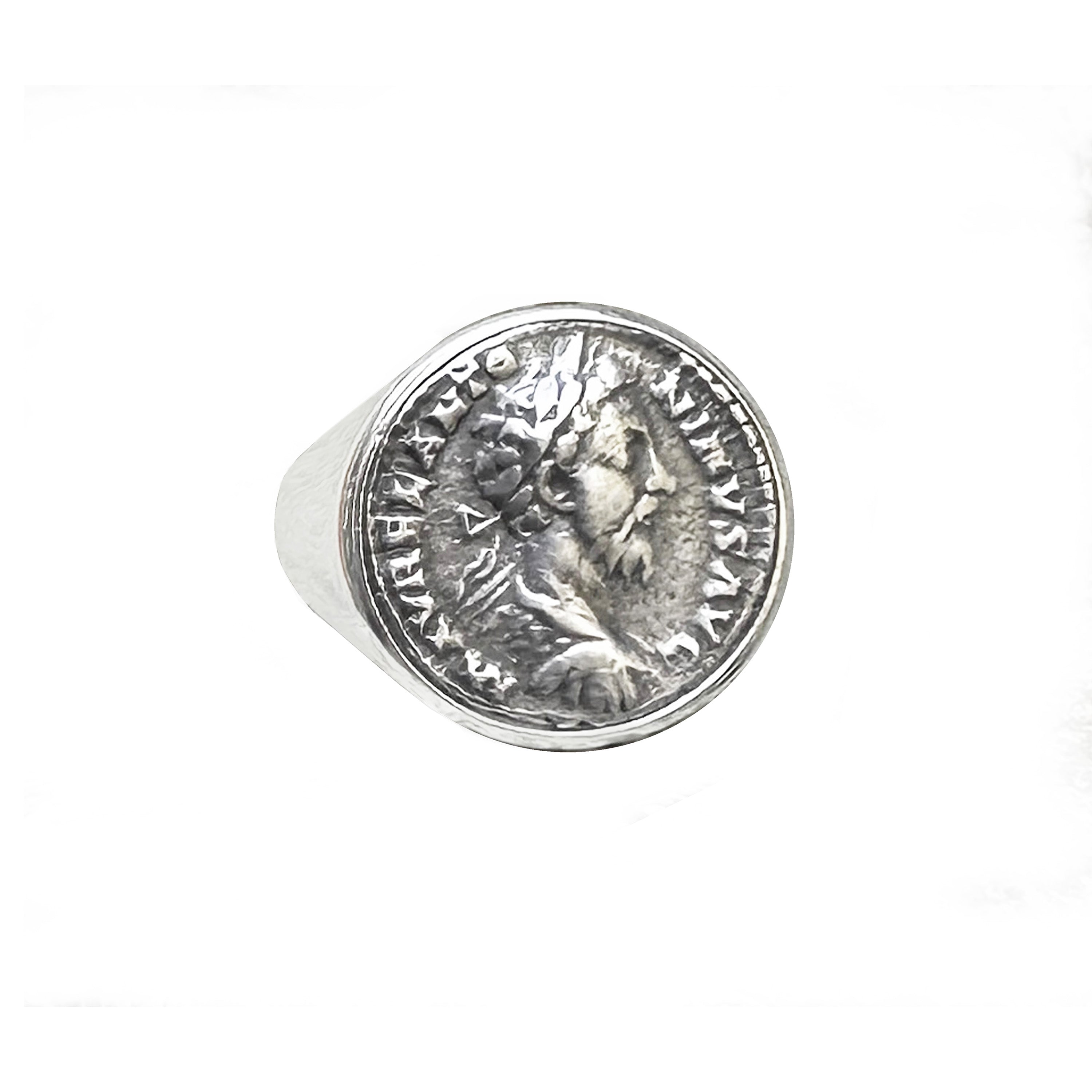 Sold Roman ring with the denarius of the Emperor Marcus Aurelius. Cast from an authentic artifact 3-4 century AD. Roman Empire.