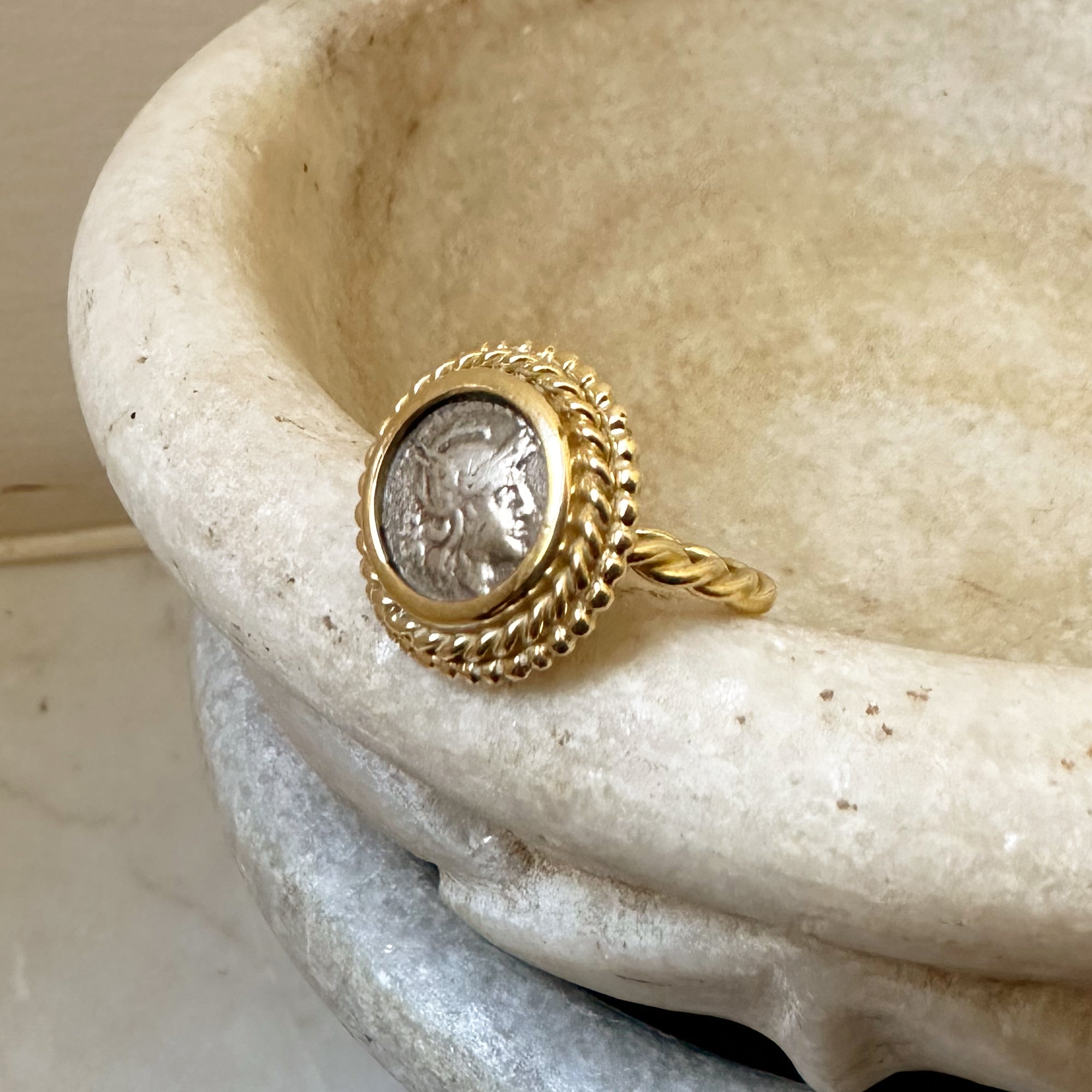 Authentic ancient late roman coin ring set in silver with flowers – Hadas  Jewelry - Roman glass jewelry