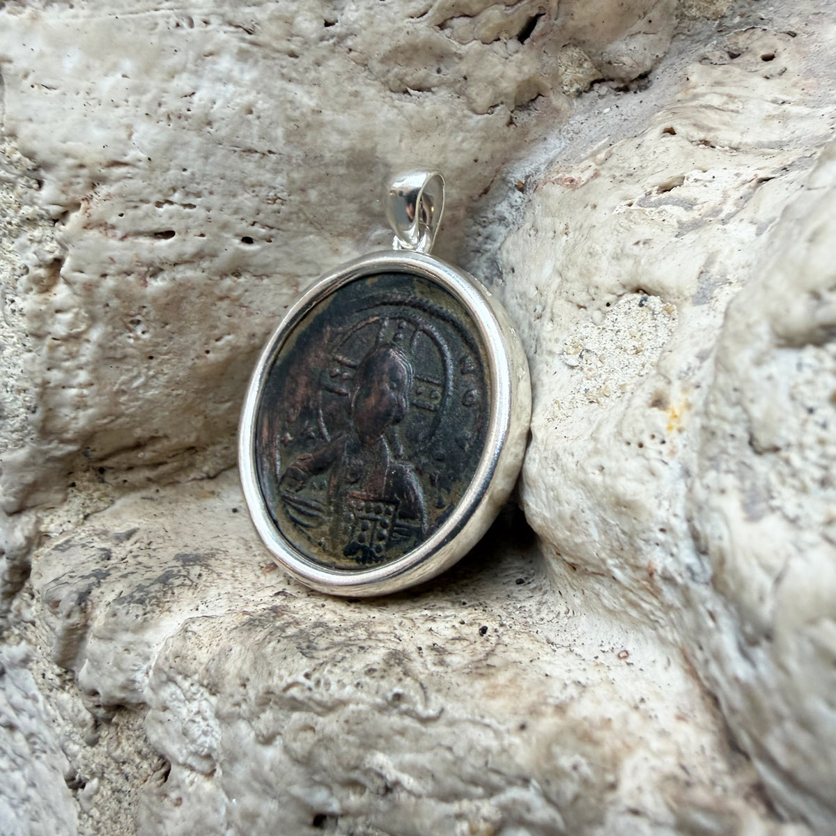 JESUS CHRIST Genuine Ancient Byzantine Bronze Coin Silver Pendant;