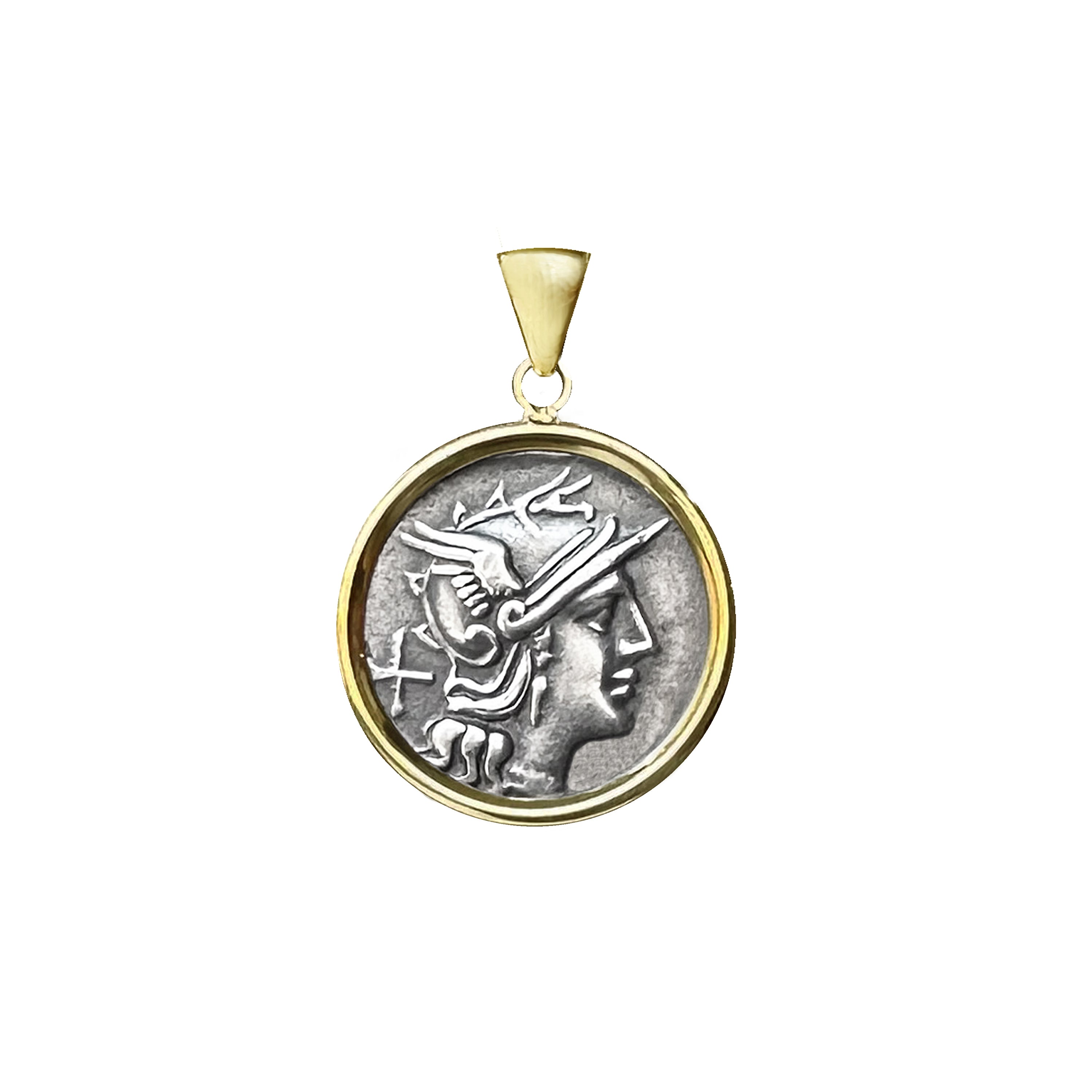 Genuine Roman Silver Coin 150 BC 18Kt Gold Pendant Depicting Goddess Rome
