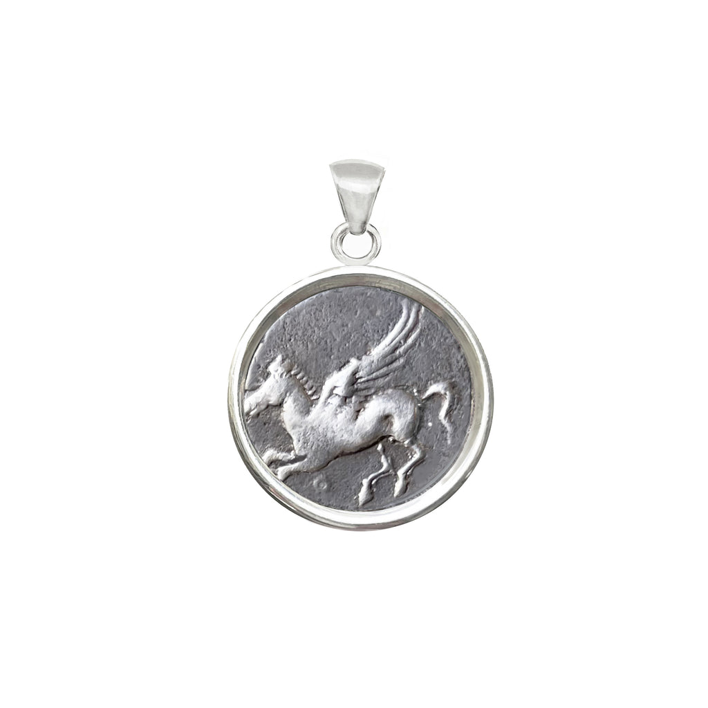 Genuine Ancient Greek Coin 300 BC Silver Pendant depicting Pegasus, the Winged Horse