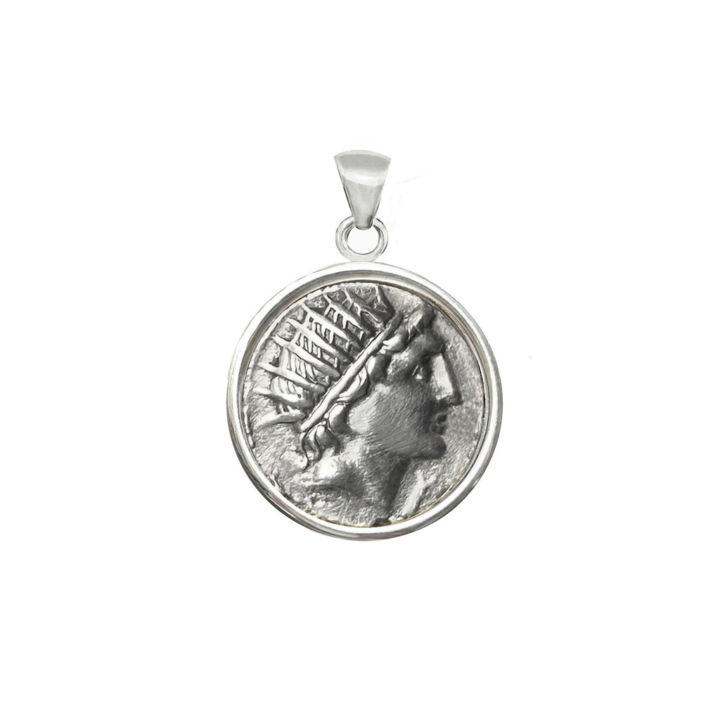 Genuine Roman coin 109 BC silver pendant depicting the god Sun, Helios