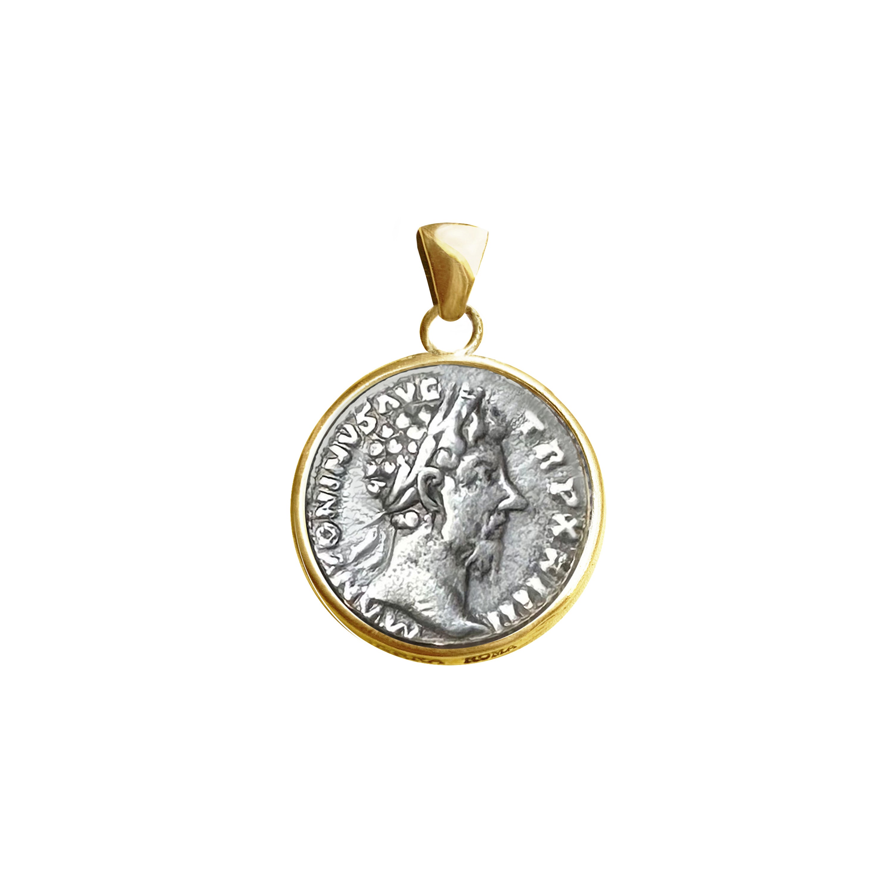 Genuine Roman Silver coin 18 Kt gold pendant depicting Emperor Marcus Aurelius