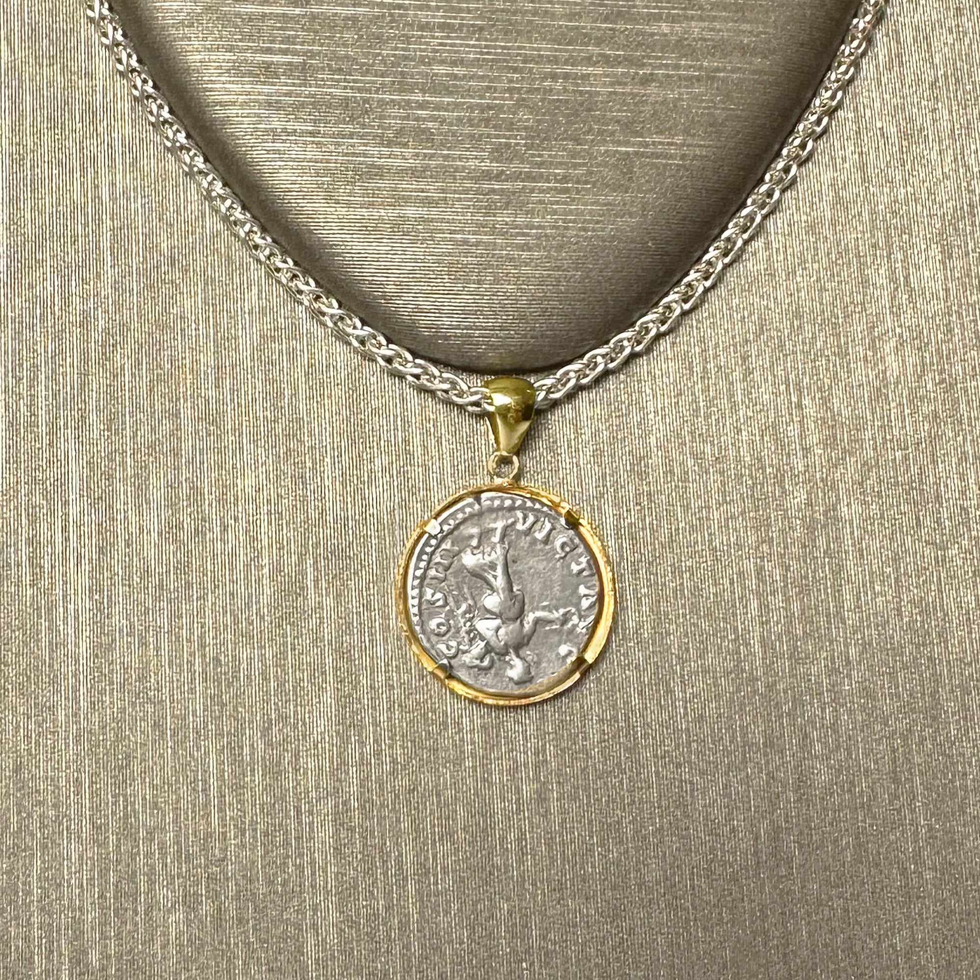 Genuine Roman Silver coin 18 Kt gold pendant depicting Emperor Marcus Aurelius